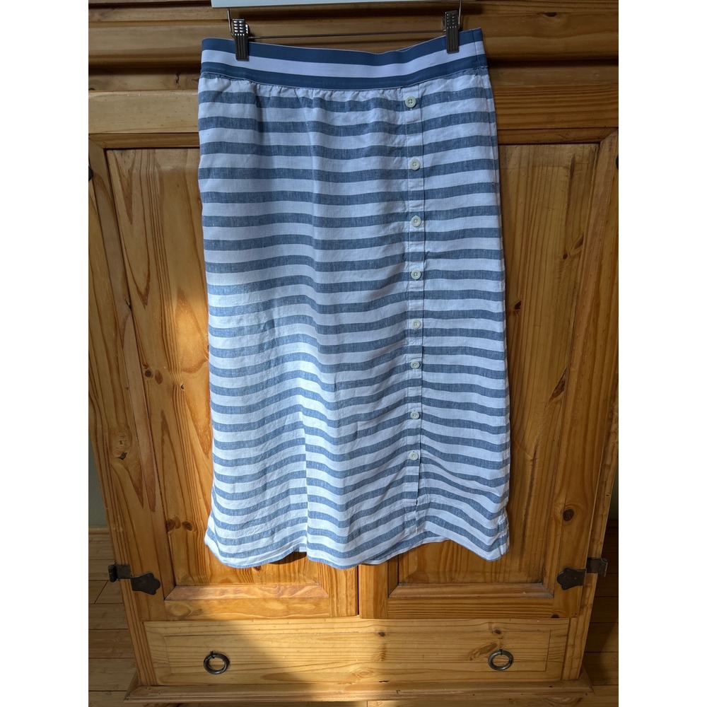 J. Jill Love Linen Blue White Striped Button Front Midi Skirt Womens Medium